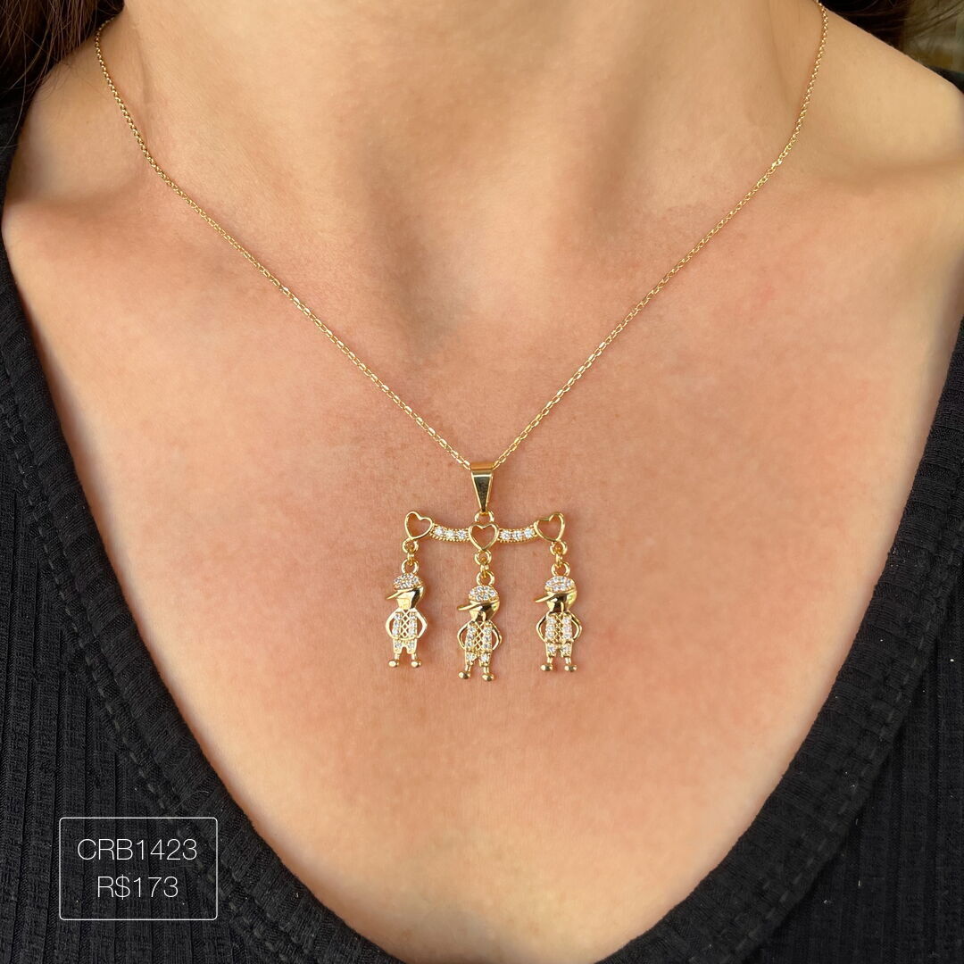 Colar Canga c/ 3 Filhos Cravejado Cristal Dourado